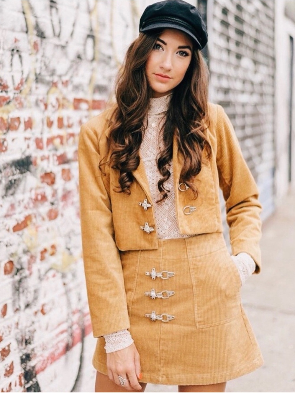 Eggie brand Corduroy Crop Jacket and Matching Skirt in Tan/Mustard